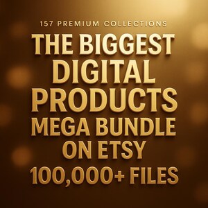 Puede incluir: Texto dorado sobre fondo marr&oacute;n: "157 Colecciones Premium, El mayor paquete de productos digitales en Etsy, 100.000+ archivos." El texto es en negrita, con un efecto 3D.
