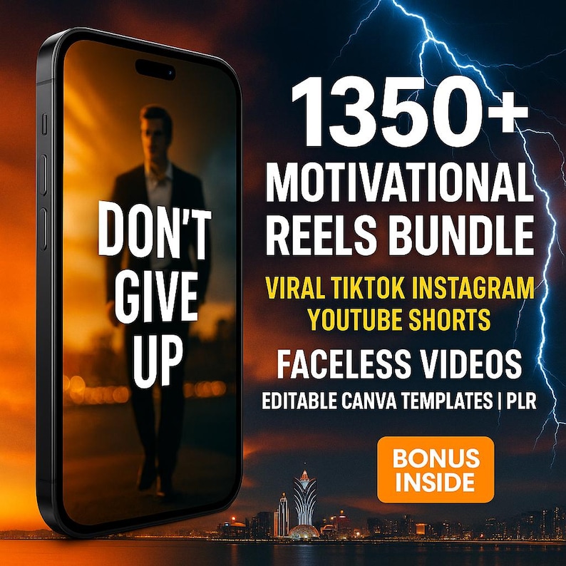 May include: A digital graphic promoting a motivational reels bundle. The image features a smartphone with the words "DON'T GIVE UP" and a person walking. Text includes "1350+ MOTIVATIONAL REELS BUNDLE" and "BONUS INSIDE".