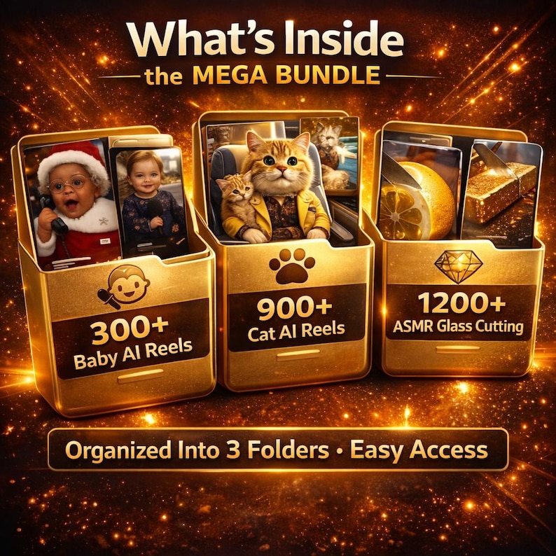 May include: A digital product bundle advertisement with three gold-colored boxes. Each box contains a different theme: "300+ Baby AI Reels", "900+ Cat AI Reels", and "1200+ ASMR Glass Cutting". The text "What's Inside the MEGA BUNDLE" is at the top.
