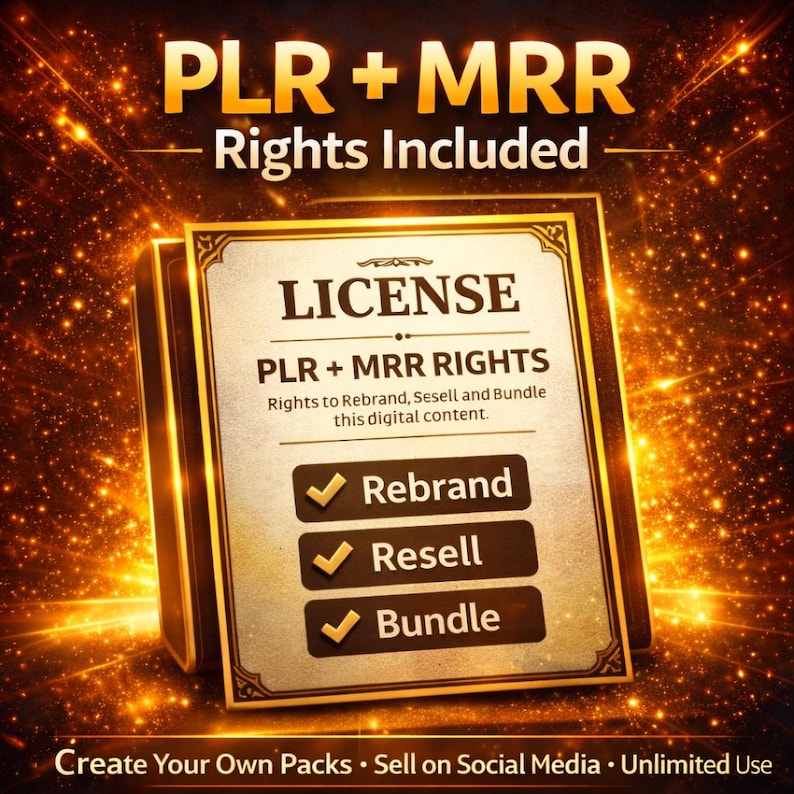 May include: A digital license with the text "PLR + MRR Rights Included." The license includes rights to rebrand, resell, and bundle digital content. The image also includes the text "Create Your Own Packs &bull; Sell on Social Media &bull; Unlimited Use."