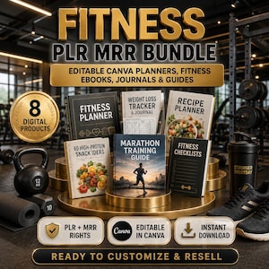 Peut inclure: Un ensemble de produits numériques intitulé FITNESS PLR MRR BUNDLE comprenant des planificateurs Canva modifiables, des ebooks, des journaux et des guides de fitness. Inclut 8 produits numériques, un kettlebell, un tapis de yoga et des baskets.