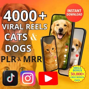 Può includere: Annuncio pubblicitario con immagini di gatti e cani su smartphone, con il testo "4000+ VIRAL REELS CATS & DOGS PLR & MRR". L'immagine include icone per TikTok, Instagram e YouTube e un cerchio rosso con "INSTANT DOWNLOAD".