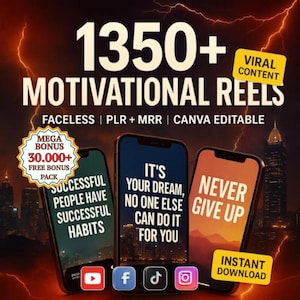 Può includere: Una pubblicità per reel motivazionali, con tre smartphone che mostrano citazioni ispiratrici. L'immagine include il testo: "1350+ Reel motivazionali", "Le persone di successo hanno abitudini di successo" e "Non arrenderti mai".