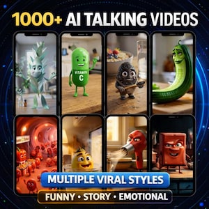 Peut inclure: Image promotionnelle avec plusieurs smartphones affichant des personnages anim&eacute;s. Le texte "1000+ AI Talking Videos" est en haut. En dessous, les textes "MULTIPLE VIRAL STYLES" et "FUNNY &bull; STORY &bull; EMOTIONAL" sont affich&eacute;s.