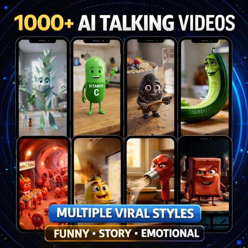 Peut inclure: Image promotionnelle avec plusieurs smartphones affichant des personnages anim&eacute;s. Le texte "1000+ AI Talking Videos" est en haut. En dessous, les textes "MULTIPLE VIRAL STYLES" et "FUNNY &bull; STORY &bull; EMOTIONAL" sont affich&eacute;s.