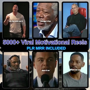 May include: A promotional image featuring six panels with famous people and motivational phrases. The text "5000+ Viral Motivational Reels" and "PLR MRR INCLUDED" are also displayed. The image is designed to promote motivational content.