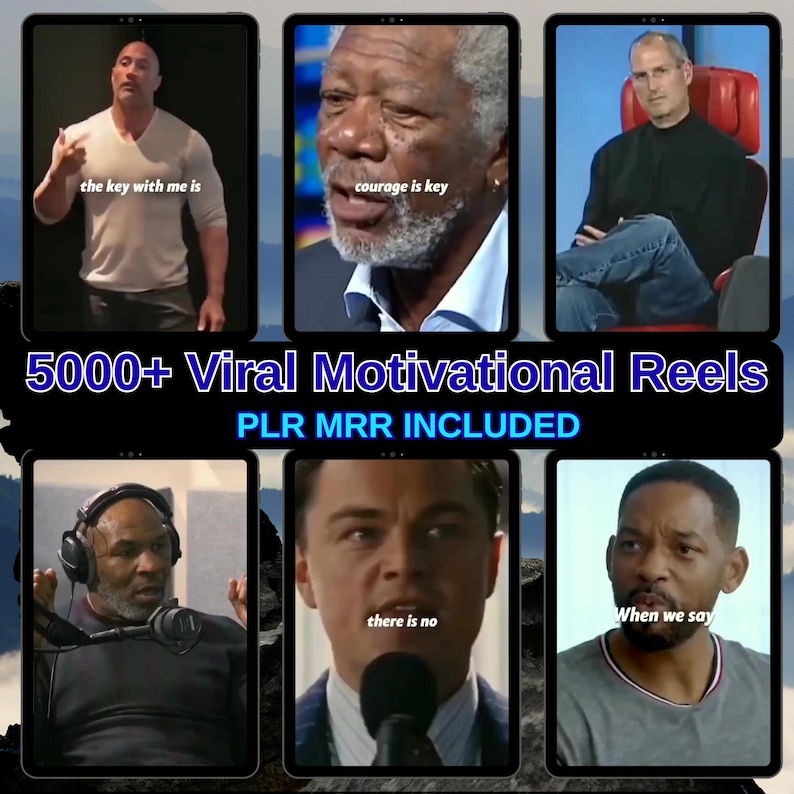 May include: A promotional image featuring six panels with famous people and motivational phrases. The text "5000+ Viral Motivational Reels" and "PLR MRR INCLUDED" are also displayed. The image is designed to promote motivational content.