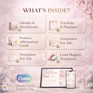 May include: A digital marketing graphic with the text "WHAT'S INSIDE?" lists eBooks, workbooks, trackers, planners, positive affirmation cards, templates for ads, and lead magnet templates. The Canva logo is also present, with the text "Editable Canva Template Links."