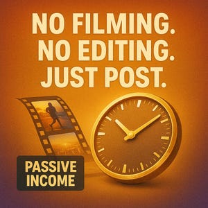 Puede incluir: Imagen con el texto &laquo;NO FILMING. NO EDITING. JUST POST.&raquo; Una tira de pel&iacute;cula con una persona corriendo en la playa est&aacute; al lado de un reloj con borde dorado. Un rect&aacute;ngulo negro con las palabras &laquo;PASSIVE INCOME&raquo; est&aacute; debajo.