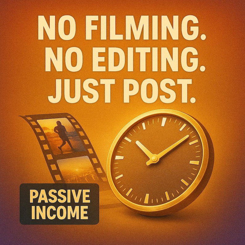 Puede incluir: Imagen con el texto &laquo;NO FILMING. NO EDITING. JUST POST.&raquo; Una tira de pel&iacute;cula con una persona corriendo en la playa est&aacute; al lado de un reloj con borde dorado. Un rect&aacute;ngulo negro con las palabras &laquo;PASSIVE INCOME&raquo; est&aacute; debajo.