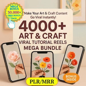 Puede incluir: Imagen promocional para la creación de contenido de arte y artesanía. Tres smartphones muestran flores de papel, con texto: "Make Your Art & Craft Content Go Viral Instantly!" y "4000+ ART & CRAFT VIRAL TUTORIAL REELS MEGA BUNDLE."