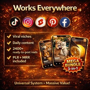 May include: An advertisement with the text "Works Everywhere" and social media icons. The image showcases three smartphones displaying cat-themed content. Text highlights "Viral niches," "Daily content," and a "Mega Bundle."