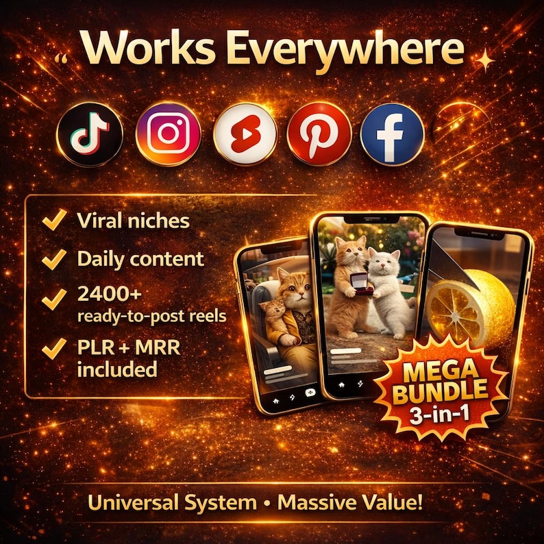 May include: An advertisement with the text "Works Everywhere" and social media icons. The image showcases three smartphones displaying cat-themed content. Text highlights "Viral niches," "Daily content," and a "Mega Bundle."