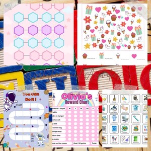 Puede incluir: Una colecci&oacute;n de coloridas tablas de recompensas y hojas de actividades. Los dise&ntilde;os incluyen un patr&oacute;n hexagonal, un tema de unicornios y helados, un tablero de juego con tem&aacute;tica espacial, una tabla de recompensas rosa y una tabla de tareas con iconos.