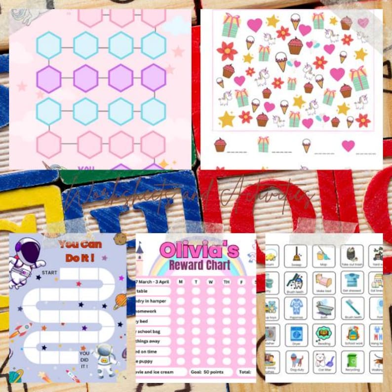 Puede incluir: Una colecci&oacute;n de coloridas tablas de recompensas y hojas de actividades. Los dise&ntilde;os incluyen un patr&oacute;n hexagonal, un tema de unicornios y helados, un tablero de juego con tem&aacute;tica espacial, una tabla de recompensas rosa y una tabla de tareas con iconos.