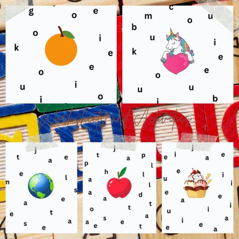 Puede incluir: Cinco tarjetas cuadradas con ilustraciones y letras. Se representan una naranja, un unicornio sosteniendo un coraz&oacute;n, un globo terr&aacute;queo, una manzana roja y un helado. Las tarjetas est&aacute;n dispuestas sobre una superficie de madera colorida.