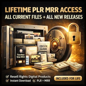 May include: Image featuring a safe, a lock, stacks of money, and digital devices. Text includes "LIFETIME PLR MRR ACCESS" and "ALL CURRENT FILES + ALL NEW RELEASES." Additional text on the devices reads "Faceless Viral REELS" and "RAKKINEES."