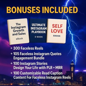 May include: Image features three eBooks: "The Instagram Growth and Sales," "Ultimate Instagram Playbook," and "Self Love." Additional text lists bonuses, including faceless reels, Instagram quotes, stories, and customizable content. The background is a dark blue with a cityscape.