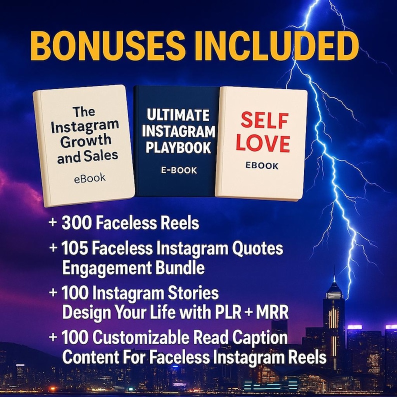 May include: Image features three eBooks: "The Instagram Growth and Sales," "Ultimate Instagram Playbook," and "Self Love." Additional text lists bonuses, including faceless reels, Instagram quotes, stories, and customizable content. The background is a dark blue with a cityscape.
