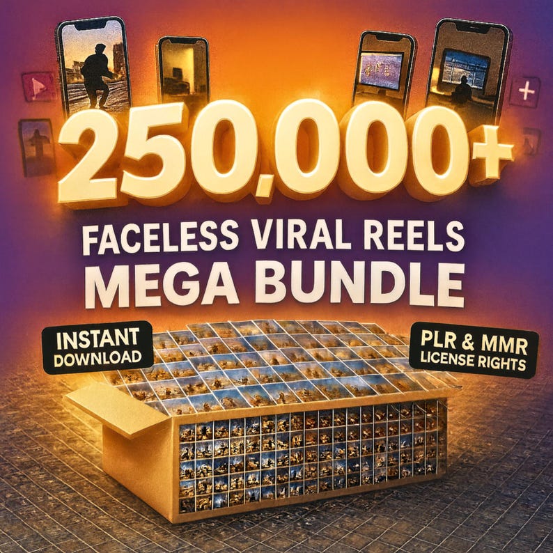 Puede incluir: Un anuncio para un "Mega Bundle de Reels Virales Sin Rostro" con el n&uacute;mero "250.000+" en texto dorado grande. La imagen incluye ilustraciones de tel&eacute;fonos inteligentes y una caja llena de im&aacute;genes en miniatura, con el texto "Descarga instant&aacute;nea" y "Derechos de licencia PLR & MMR."
