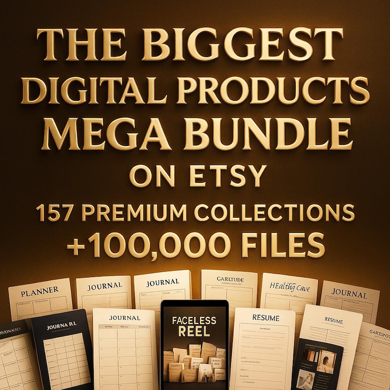 Puede incluir: Imagen promocional con el texto "THE BIGGEST DIGITAL PRODUCTS MEGA BUNDLE ON ETSY" en letras doradas. La imagen tambi&eacute;n indica "157 PREMIUM COLLECTIONS +100,000 FILES". Se muestran varios ejemplos de productos digitales, como planificadores, diarios y curr&iacute;culums.