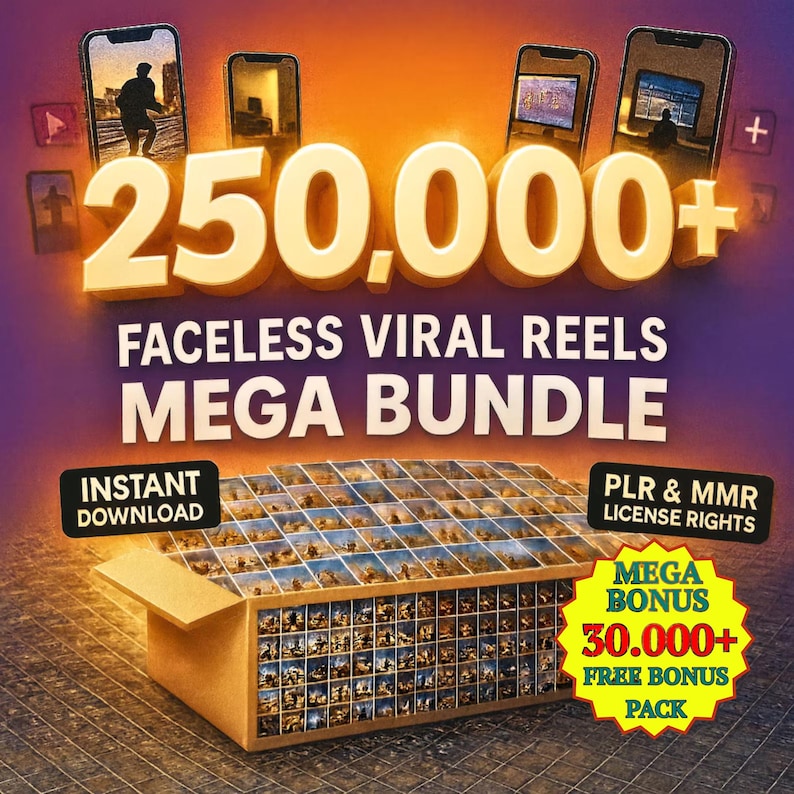 Puede incluir: Un gr&aacute;fico promocional con el texto "250.000+ FACLESS VIRAL REELS MEGA BUNDLE". La imagen incluye una caja llena de im&aacute;genes peque&ntilde;as, cuatro gr&aacute;ficos de tel&eacute;fonos inteligentes y una insignia de "MEGA BONUS" con el texto "30.000+ FREE BONUS PACK."