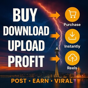May include: A digital marketing graphic with the words "BUY, DOWNLOAD, UPLOAD, PROFIT" in white text. The image includes icons for purchase, instant download, and reels, with a cityscape background and lightning.