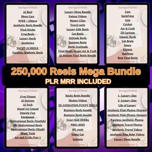 Puede incluir: Anuncio de un estudio de arte digital con seis tabletas que muestran paquetes de carretes. La pancarta central dice "250,000 Reels Mega Bundle" con "PLR MRR INCLUDED". Cada tableta muestra diferentes categor&iacute;as de carretes, como lujo, viajes y fitness.