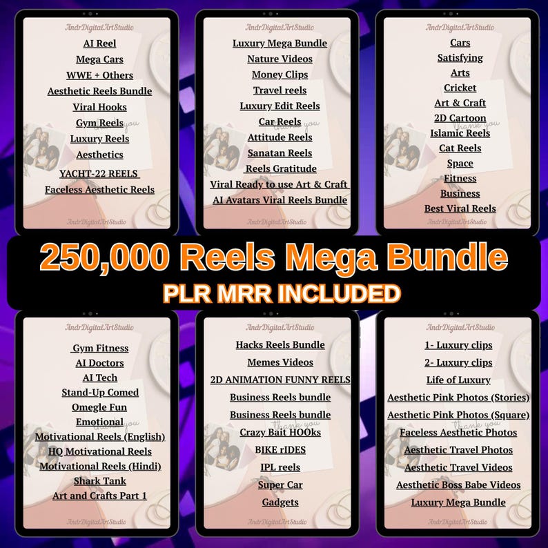 Puede incluir: Anuncio de un estudio de arte digital con seis tabletas que muestran paquetes de carretes. La pancarta central dice "250,000 Reels Mega Bundle" con "PLR MRR INCLUDED". Cada tableta muestra diferentes categor&iacute;as de carretes, como lujo, viajes y fitness.