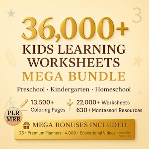 Può includere: Grafica con il testo "36.000+ FOGLI DI LAVORO PER L'APPRENDIMENTO DEI BAMBINI MEGA BUNDLE". Include "Preschool, Kindergarten, Homeschool" e "13.500+ pagine da colorare, 22.000+ fogli di lavoro, 630+ risorse Montessori". Include anche "MEGA BONUS INCLUSI".