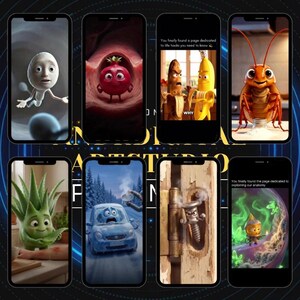 Peut inclure: Huit smartphones affichant des personnages de dessins anim&eacute;s. Les t&eacute;l&eacute;phones pr&eacute;sentent des personnages tels qu'un spermatozo&iuml;de, une tomate, des bananes, un cafard, une plante d'aloe vera, une voiture, une vis et un petit personnage en forme d'oignon. Du texte est &eacute;galement visible.
