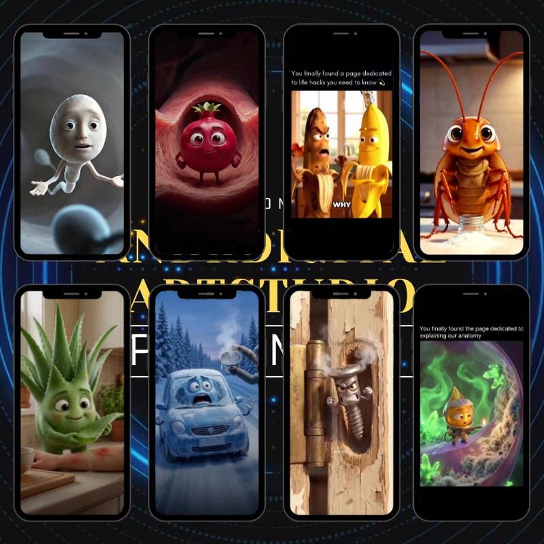 Peut inclure: Huit smartphones affichant des personnages de dessins anim&eacute;s. Les t&eacute;l&eacute;phones pr&eacute;sentent des personnages tels qu'un spermatozo&iuml;de, une tomate, des bananes, un cafard, une plante d'aloe vera, une voiture, une vis et un petit personnage en forme d'oignon. Du texte est &eacute;galement visible.