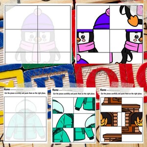 Puede incluir: Tres hojas de trabajo de rompecabezas con ilustraciones de un ping&uuml;ino, un abrigo de invierno y una chimenea. Cada rompecabezas est&aacute; dividido en seis secciones, con instrucciones para cortar y pegar las piezas en el lugar correcto.