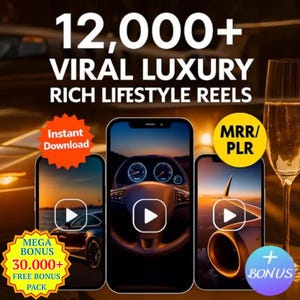 Puede incluir: Imagen promocional de "Viral Luxury Rich Lifestyle Reels". Tres smartphones muestran contenido de vídeo, incluyendo un interior de coche y un motor de avión. El texto incluye "Descarga instantánea", "MRR/PLR" y "Mega Bonus 30.000+ Paquete de bonificación gratuito."