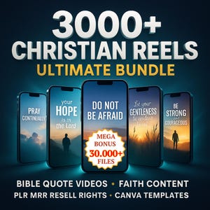 Könnte beinhalten: Werbung für Christian Reels, mit fünf Smartphones, die inspirierende Zitate anzeigen. Der Text enthält "3000+ CHRISTIAN REELS ULTIMATE BUNDLE" und "MEGA BONUS 30.000+ FILES". Zusätzlicher Text bewirbt Bibelzitat-Videos, Glaubensinhalte und Wiederverkaufsrechte.