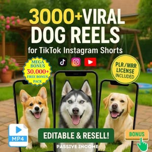 May include: An advertisement promoting "3000+ Viral Dog Reels" for TikTok and Instagram Shorts. The image features three smartphones displaying different dog breeds: a Corgi, a Husky, and a Labrador. Text includes "Editable & Resell!" and bonus offers.