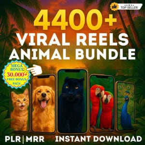Puede incluir: Anuncio de producto digital con el texto "4400+ VIRAL REELS ANIMAL BUNDLE". La imagen presenta cinco smartphones que muestran varios animales: un gato, un golden retriever, una pantera negra, dos loros rojos y un pavo real. Texto adicional: "MEGA BONUS 30.000+ FREE BONUS PACK" y "PLR | MRR INSTANT DOWNLOAD."
