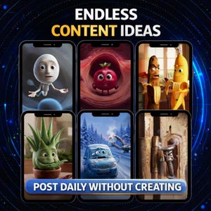 Peut inclure: Une image num&eacute;rique avec le texte "ENDLESS CONTENT IDEAS" en haut et "POST DAILY WITHOUT CREATING" en bas. L'image pr&eacute;sente six &eacute;crans de smartphone affichant des personnages anim&eacute;s, dont une figurine blanche en forme d'&oelig;uf, une tomate rouge et une voiture bleue.