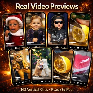 May include: A promotional image showcasing various HD vertical video clips displayed on smartphones. The clips feature diverse content, including a baby in a Santa hat, a child with a microphone, a child with sunglasses, a lemon being sliced, and cats. Text reads "Real Video Previews" and "HD Vertical Clips &bull; Ready to Post."