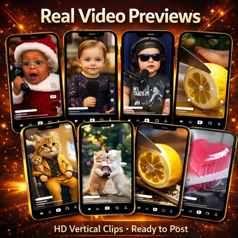 May include: A promotional image showcasing various HD vertical video clips displayed on smartphones. The clips feature diverse content, including a baby in a Santa hat, a child with a microphone, a child with sunglasses, a lemon being sliced, and cats. Text reads "Real Video Previews" and "HD Vertical Clips &bull; Ready to Post."