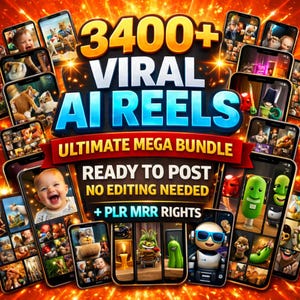 Könnte beinhalten: Werbebild mit einem leuchtenden orange-gelben Hintergrund. Der Text lautet "3400+ VIRAL AI REELS" und "ULTIMATE MEGA BUNDLE". Kleinere Texte lesen sich als "READY TO POST" und "NO EDITING NEEDED". Mehrere Smartphones zeigen verschiedene KI-generierte Inhalte.