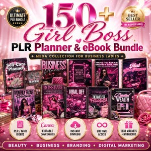 May include: A pink and white graphic promoting a "150+ Girl Boss PLR Planner & eBook Bundle." The image features various book covers with titles like "Business Planner" and "Social Media Secrets." It includes icons for Canva templates and instant downloads.