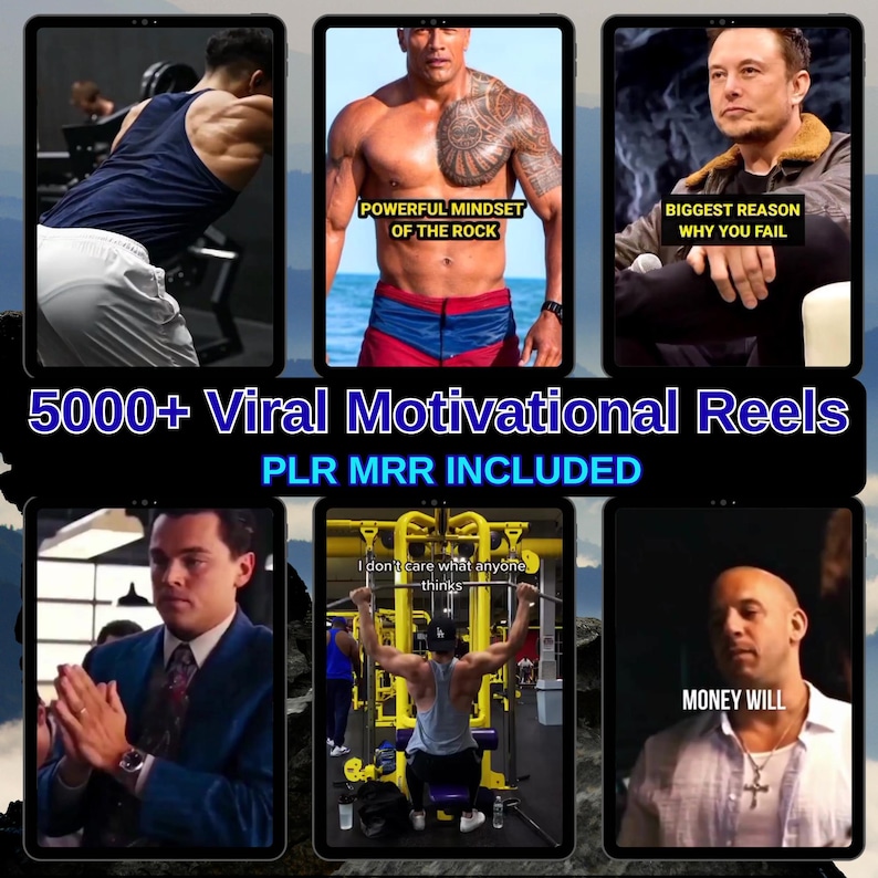 May include: A digital graphic featuring six images of motivational figures, including Dwayne Johnson and Elon Musk, with text overlays such as "Powerful Mindset" and "Biggest Reason Why You Fail." The text "5000+ Viral Motivational Reels" is also displayed.