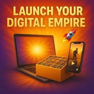 Puede incluir: Imagen conceptual de marketing digital con un port&aacute;til, un smartphone y una caja llena de peque&ntilde;os cuadrados. El texto "LAUNCH YOUR DIGITAL EMPIRE" est&aacute; visible. Un cohete despega.