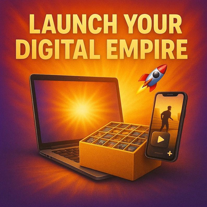 Puede incluir: Imagen conceptual de marketing digital con un port&aacute;til, un smartphone y una caja llena de peque&ntilde;os cuadrados. El texto "LAUNCH YOUR DIGITAL EMPIRE" est&aacute; visible. Un cohete despega.