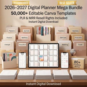 May include: A digital planner mega bundle for 2026-2027, featuring 50,000+ editable Canva templates. The image showcases various folders labeled with categories like 'Planners,' 'Journals,' and 'Finance,' along with a tablet and smartphones displaying calendar layouts. Includes freebies.