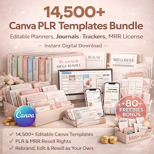 Pakiet ponad 14 500 szablonów Canva PLR | Edytowalne szablony śledzenia dziennika planera | Pakiet produktów cyfrowych Prawa PLR MRR w zestawie