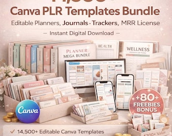 Paquete de más de 14 500 plantillas PLR de Canva / Plantillas editables de planificador, diario y seguimiento / Paquete de productos digitales con derechos PLR MRR incluidos