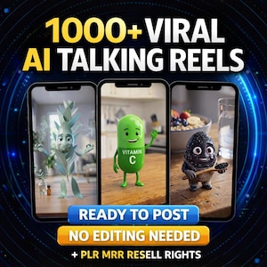 Puede incluir: Un anuncio de "1000+ Viral AI Talking Reels" con tres pantallas de teléfonos inteligentes que muestran personajes animados: una figura vegetal, una cápsula de vitamina C y un personaje negro parecido a una baya. El texto incluye "Ready to Post" y "No Editing Needed."