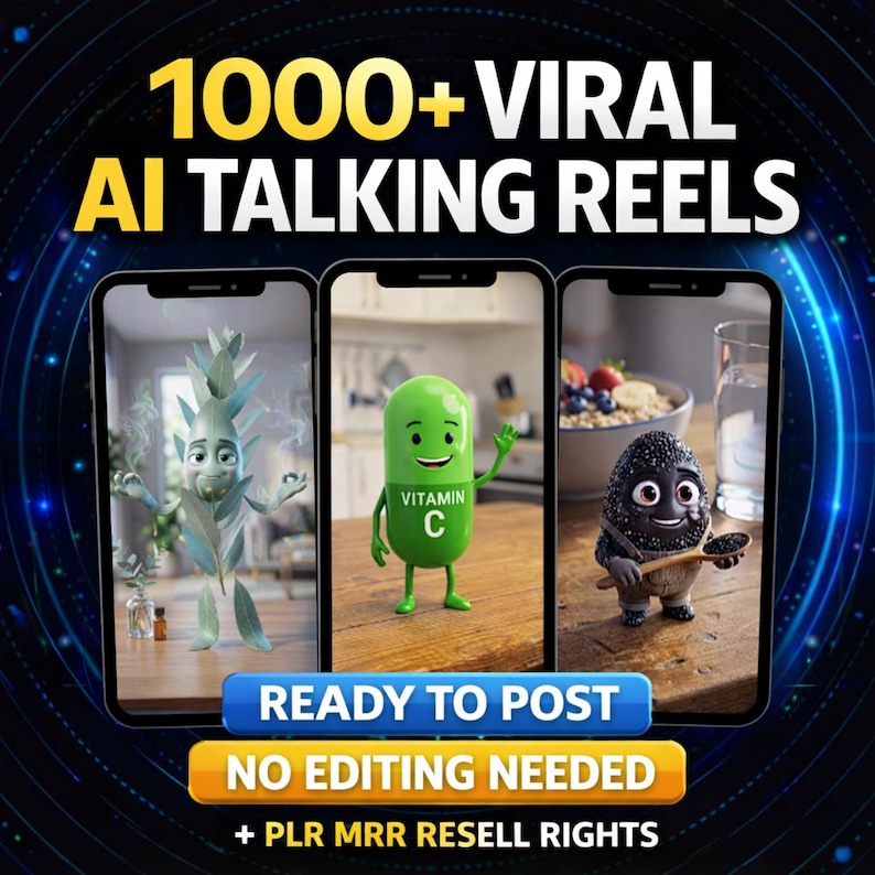 Peut inclure: Publicit&eacute; pour "1000+ Viral AI Talking Reels" avec trois &eacute;crans de smartphone affichant des personnages anim&eacute;s : une figure v&eacute;g&eacute;tale, une capsule de vitamine C et un personnage noir ressemblant &agrave; une baie. Le texte comprend "Ready to Post" et "No Editing Needed."